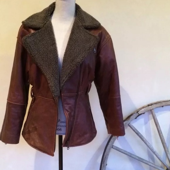 HURRICANE COLLECTION Gray Shearling & Brown Glove Soft Genuine Leather Jacket - Picture 1 of 11